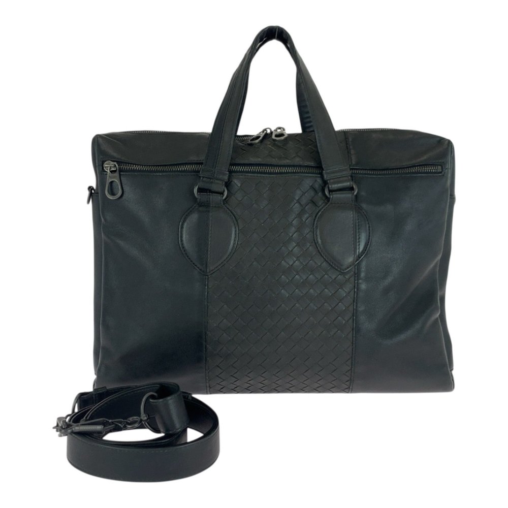 BOTTEGA VENETA Intrecciato black leather business bag with silver hardware,